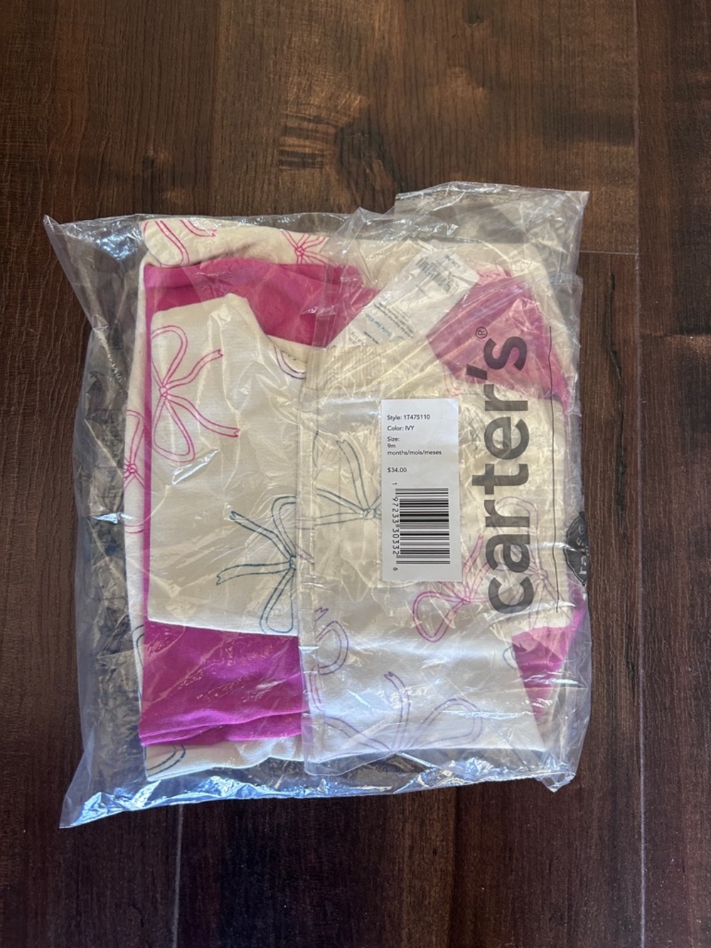 Brand New Carter's Baby Girls' Bow Print Top, Bodysuit and Pants, 3-Piece Set
